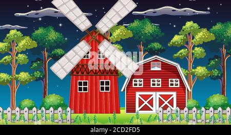 Farmszene mit Scheune und Mühle bei Nacht Illustration Stock Vektor