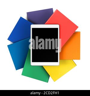 Tablet auf Stapel von Büchern in Regenbogenfarben, Vorderansicht Stockfoto