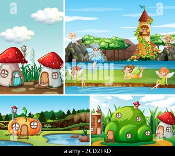 Vier verschiedene Szene der Fantasy-Welt mit Fantasy-Orten und Feen in Märchen Illustration Stock Vektor
