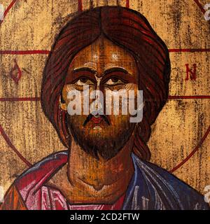 Detail der byzantinischen oder orthodoxen Ikone, die das Haupt Jesu Christi darstellt. Stockfoto