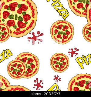 Nahtlose Muster der Pizza Cartoon Buchstaben auf einem weißen Hintergrund. Vektorbild Stock Vektor