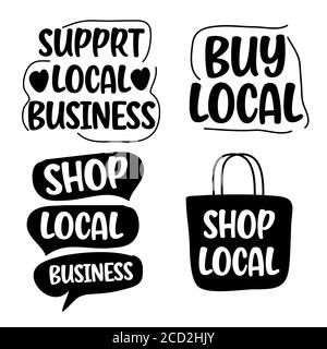 Unterstützung lokaler Geschäftskonzept Satz von handgezeichneten Doodles Abzeichen, Symbole flache Vektor-Illustrationen auf weißem Hintergrund Stock Vektor