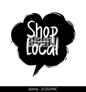 Kaufen Sie lokale Schriftzüge und handgezeichnete Sprechblase. Flache Vektorgrafik auf weißem Hintergrund Stock Vektor