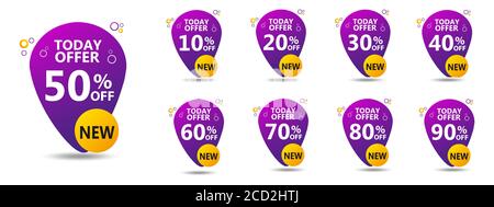 Verkauf Tags Set Vektor Abzeichen Vorlage, bis zu 10, 20, 90, 80, 30, 40, 50, 60, 70 Prozent Rabatt, Vektor illustracion Stock Vektor