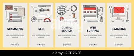 Vector Set von vertikalen Bannern mit E-Mail-Spam, seo, Suche und Web-Surfen Konzept-Elemente in linearen Stil Design. Dünne Linie flache Design-Symbole Stock Vektor