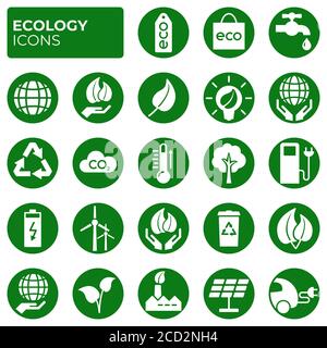 Symbole für Ökologie festgelegt. Umweltschutz. Alternative erneuerbare Energien. Globale Erwärmung. Dekarbonation. Umweltfreundliche flache lineare Schilderkollektion Stock Vektor