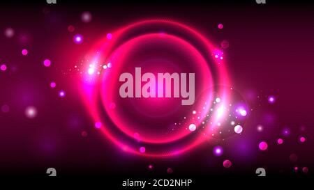 Neon Party rosa Hintergrund, glühende Kreise, abstrakter runder Rahmen auf einem zellulären Hintergrund, Bokeh Stock Vektor