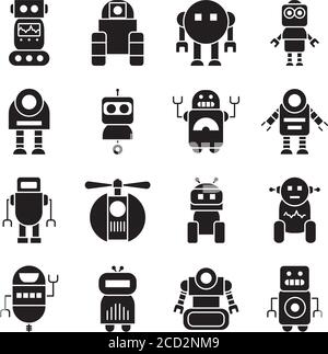 Icon-Set von Robotern und Robotern auf weißem Hintergrund, Silhouette Stil, Vektor-Illustration Stock Vektor