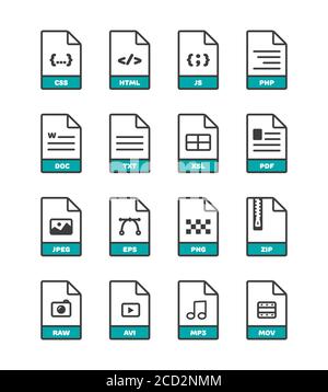 Symbole für lineares dünnes Vektorformat, Symbole für Dokumentumrisse. Dateiformatsymbole mit Bildern von Formaten. Dateiformatbeschriftungssymbole für Web und mobile Geräte Stock Vektor