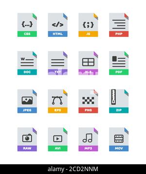 Flache bunte Vektor-Dateiformatsymbole, die isoliert auf weißen, flachen Symbolen für Dokumenttyp eingestellt sind. Dateiformatsymbole mit Bildern. Beschriftungssymbole für das Dateiformat für das Web Stock Vektor