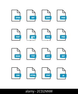 Symbole für lineares dünnes Vektorformat, Symbole für Dokumentumrisse. Dateiformatsymbole mit Beschriftungen. Dateiformatbeschriftungssymbole für Web- und mobile Anwendungen Stock Vektor