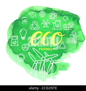 Dünne Umrissvektor ökologische Symbole auf Aquarell-Färbung mit Inschrift ECO FRIENDLY gesetzt. Symbole für Umwelt, Recycling, erneuerbare Energien, Natu Stock Vektor