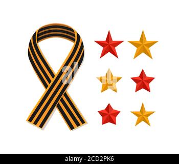 St George gestreifte schwarz-orange Band und Sterne isoliert auf weiß. Vektor-Symbol-Band des großen patriotischen Krieg Tag des Sieges. St. George Band lo Stock Vektor