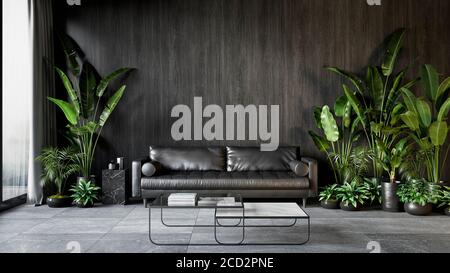 Schwarze Innenausstattung mit Sofa, Pflanzen und Couchtisch. Stockfoto