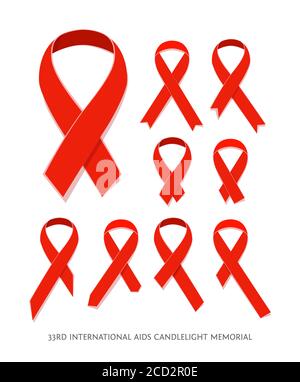 Set von flachen AIDS Bewusstsein roten Vektor-Bänder, Konzept Zeichen des AIDS Memorial Day isoliert auf weiß. Symbole für AIDS-Bänder. Verschiedene Sensibilisierungsbänder kol Stock Vektor