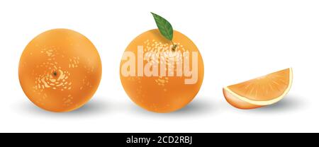 Realistischer Satz von Orangen isoliert auf weiß. Frische reife Orangen mit Blättern. Vektorgrafik tropische Früchte Stock Vektor