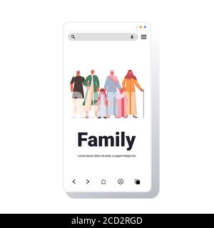 arabisch Multi-Generation-Familie in traditioneller Kleidung glücklich Großeltern Eltern Und Kinder stehen zusammen in voller Länge Smartphone-Bildschirm Kopieplatz vektorgrafik Stock Vektor