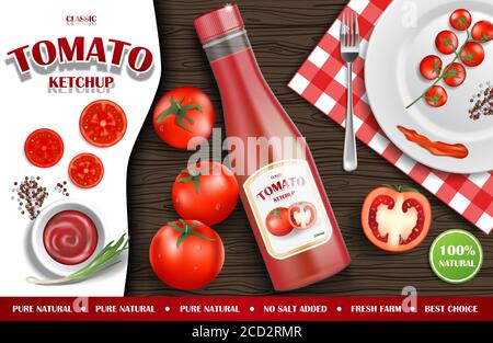 Tomatenketchup-Werbung. Realistische Ketchup-Sauce Flasche mit frischen Tomaten und Teller auf Holz Hintergrund. 3d-Vektordarstellung Stock Vektor