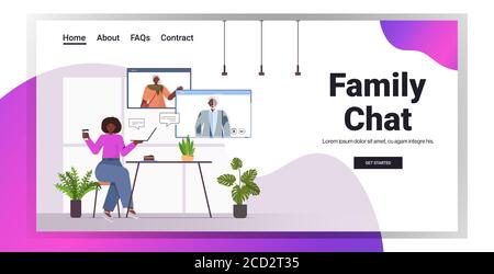 afroamerikanische Frau mit virtuellen Treffen mit älteren Eltern in Web-Browser Fenster Video Anruf Familie Chat Online-Kommunikation Konzept Horizontale Vektorgrafik für den Kopierbereich in voller Länge Stock Vektor