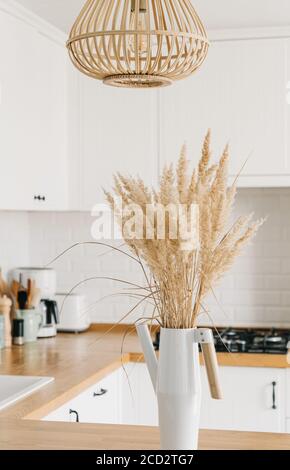 Moderne, weiße U-förmige Küche im skandinavischen Stil. Offene Regale in der Küche mit Pflanzen und Gläsern. Herbstdekoration, selektiver Fokus auf Vorgruppe Stockfoto