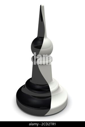 Zweigesichtige Bischof. Bischof Verräter. Zweigesichtige (schwarz-weiß) Bischof auf einer weißen Oberfläche. Das Konzept des Verrats. 3D-Illustration Stockfoto