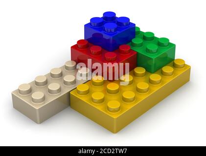 Details des Baukastens. Mehrfarbige Details von Kinderdesignerin liegen auf einer weißen Oberfläche. 3D-Illustration Stockfoto