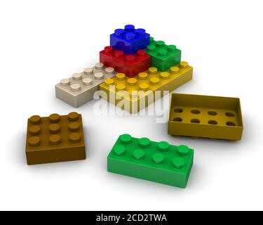 Details des Baukastens. Mehrfarbige Details von Kinderdesignerin liegen auf einer weißen Oberfläche. 3D-Illustration Stockfoto