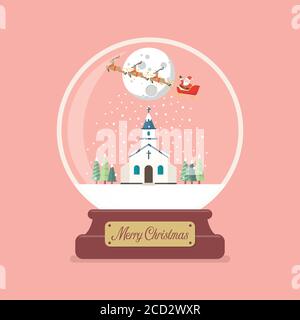 Frohe weihnachten Glaskugel mit Santa Schlitten fliegen über Kirche. Vektorgrafik Stock Vektor
