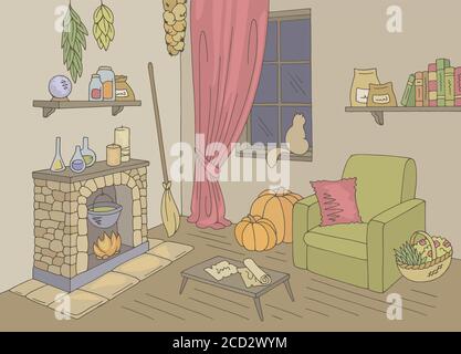 Witch Wohnzimmer Grafik Farbe Heim Interieur Skizze Illustration Vektor Stock Vektor