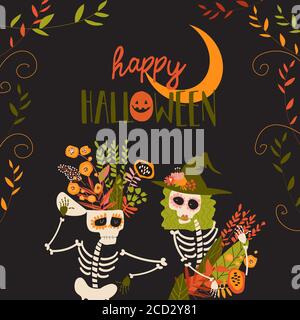 Cartoon Skelette mit Blumen. Frohe, verrückte Halloween Stock Vektor