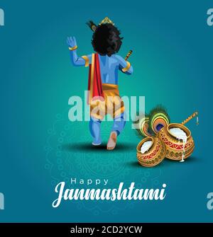 vektor-Illustration von Lord Krishna Happy Janmashtami Festival von Indien Mit Text Stock Vektor