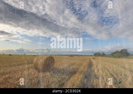 Ein landwirtschaftliches Feld mit Heuhaufen, beleuchtet von Abendsonne nach Regen, hinter nassem Glas im Herbst. Das Konzept der Änderung von schlechtem Wetter zu g Stockfoto