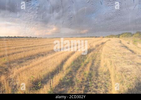 Ein landwirtschaftliches Feld mit Heuhaufen, beleuchtet von Abendsonne nach Regen, hinter nassem Glas im Herbst. Das Konzept der Änderung von schlechtem Wetter zu g Stockfoto