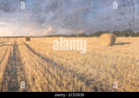 Ein landwirtschaftliches Feld mit Heuhaufen, beleuchtet von Abendsonne nach Regen, hinter nassem Glas im Herbst. Das Konzept der Änderung von schlechtem Wetter zu g Stockfoto