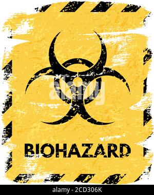 Schwarz grunge Biohazard Zeichen isoliert auf gelbem Hintergrund und gestreiften Rand. Vektordesign-Element. Stock Vektor