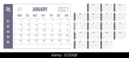 Blauer Kalender für 2021 Jahre. Countdown-Seite für den Monat eingestellt. Tag, Woche. Datum und Zeitplan. Druckbare Versionsvorlage einfaches Design. Unternehmen und Unternehmen Stock Vektor