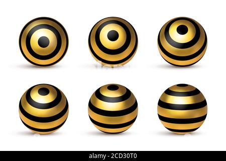 Realistische glänzende goldene schwarze Kugel abgestreift 3d-Metall in verschiedenen Positionen auf weißem Hintergrund isoliert gesetzt. Vektordesign geometrisches Ellipsenelement Stock Vektor