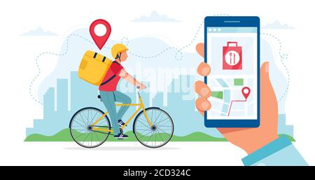 Bike Delivery Service Konzept, Kurier Charakter Fahrrad mit Lieferbox, Hand hält Smartphone mit Standort. Illustration in flachem Stil Stockfoto