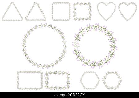 Flieder Blume mit Blattrahmen für Druckdesign. Hochzeitseinladung im Frühling. Set mit Blumenkranz. Botanische Vektorsammlung. Stock Vektor