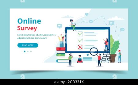 Online-Umfrage zur Kundenzufriedenheit. Computerbildschirm mit Ticks und Kreuzen. Kleine Menschen Zeichen. Illustration in flachem Stil Stockfoto