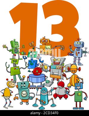 Cartoon Illustration der Zahl dreizehn mit Lustige Roboter Fantasy-Charaktere Gruppe Stock Vektor