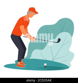 Älterer Charakter spielt Golf auf dem Platz, aktiver Lebensstil Stock Vektor