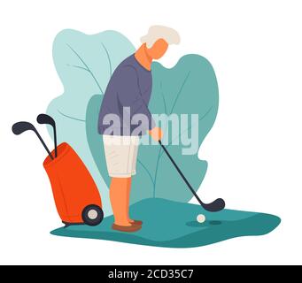 Älterer Mann, der Golf spielt und Ball schlägt, aktiver Rentner Stock Vektor