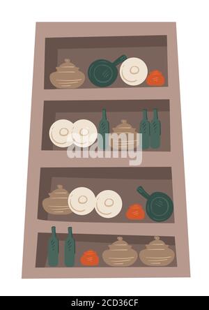 Holzschrank mit Schüsseln, Tassen und Tassen Vektor Stock Vektor