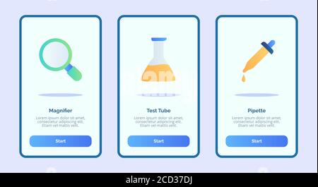 Lupenprüfpipette für mobile Apps Vorlage Banner-Seite UI mit drei Variationen moderne flache Farbgebung. Stock Vektor