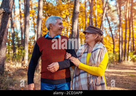 Herbst Spaziergang. Senior Paar im Herbst Park. Glücklich der Mann und die Frau zu reden und Entspannen im Freien Stockfoto