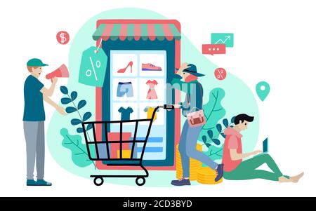 Online-Shopping auf Website oder Mobile Anwendung Vektor-Konzept-Marketing und digitales Marketing. Stock Vektor