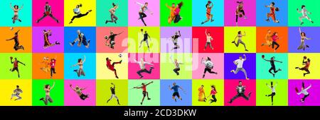 Collage von Porträts von 23 jungen Springen Menschen auf bunten Hintergrund in Bewegung und Aktion. Konzept der menschlichen Emotionen, Gesichtsausdruck, Verkauf. Lächelnd, fröhlich, glücklich. Basketball, Ballett, Fußball. Stockfoto