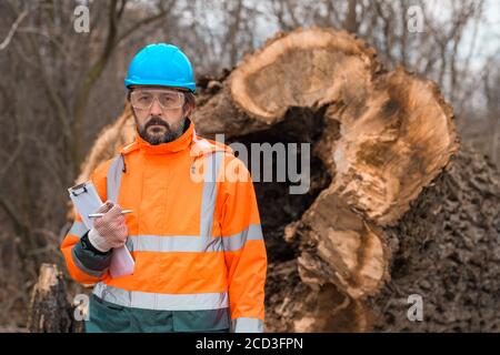 Forsttechniker, der mit einem Notizblock in der Zwischenablage neben einem Baumlogan in der Walde posiert, ist zuversichtlich, dass männliche Fachmann Daten auf dem Feld sammelt Stockfoto