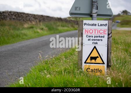 Schild auf einer Landstraße Warnung Fahrer nicht parken Fahrzeuge, da es Vieh in der Nähe. Lancashire, Großbritannien. Stockfoto